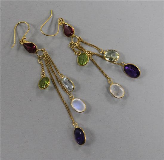 A modern pair of 14ct gold and multi gem set drop earrings, 5cm.